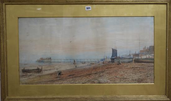 John William Buxton Knight (1842-1908) watercolour, Hastings? beach, signed and dated 83, 37 x 75cm.